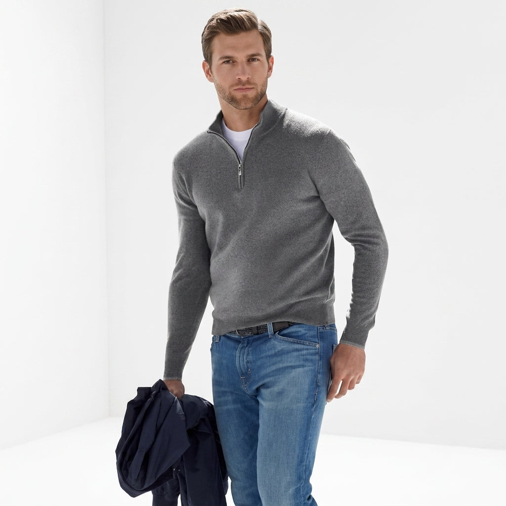 Sweter merino męski z dekoltem V i zamkiem – merino half-zip V-neck