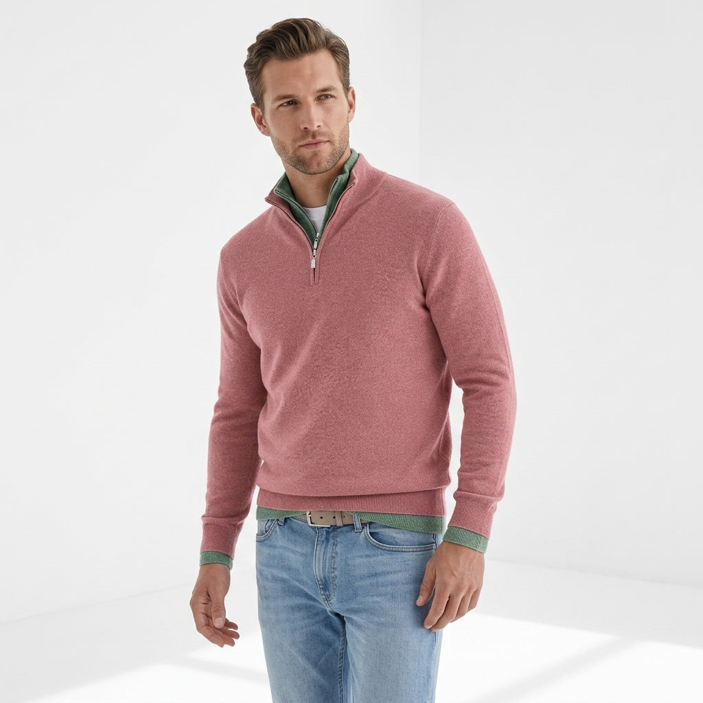 Sweter merino męski z dekoltem V i zamkiem – merino half-zip V-neck