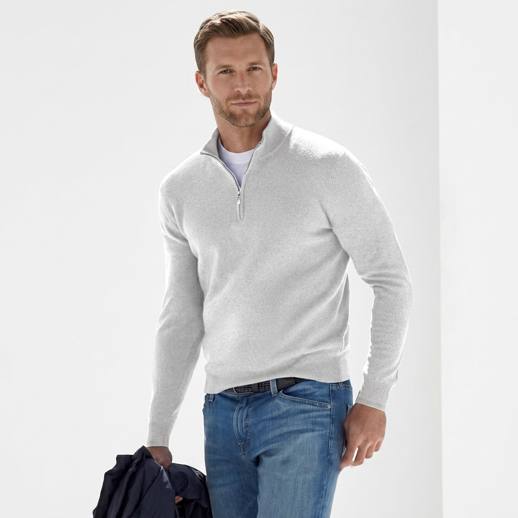 Sweter merino męski z dekoltem V i zamkiem – merino half-zip V-neck