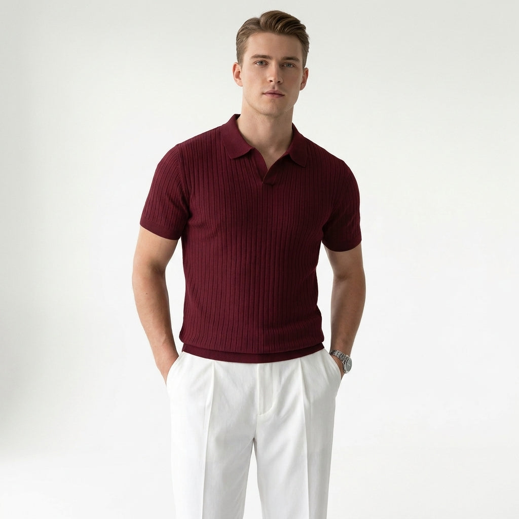 Polo z dekoltem V i prążkowaną teksturą | Smart casual z krótkim rękawem