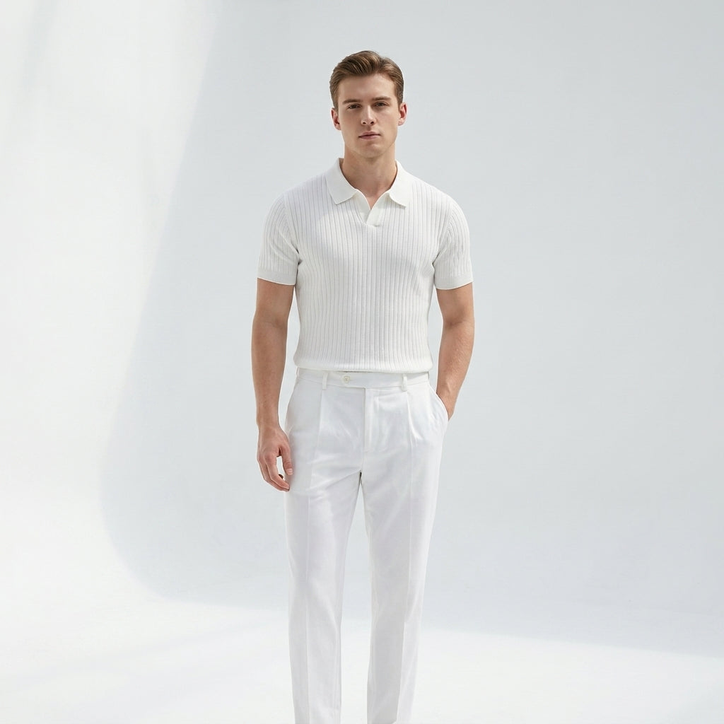 Polo z dekoltem V i prążkowaną teksturą | Smart casual z krótkim rękawem