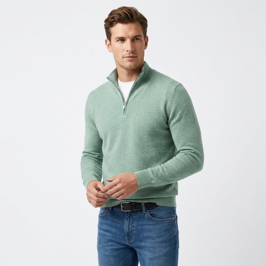 Sweter merino męski z dekoltem V i zamkiem – merino half-zip V-neck