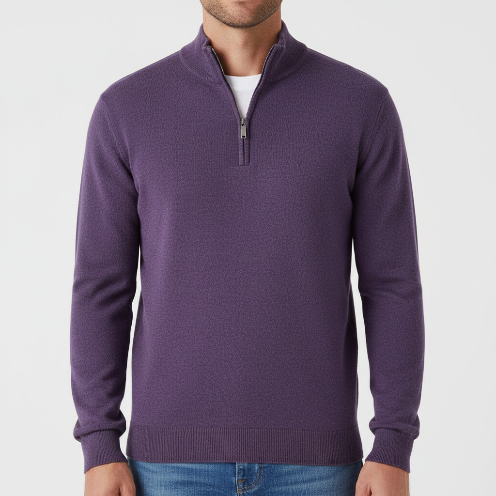Sweter merino męski z dekoltem V i zamkiem – merino half-zip V-neck