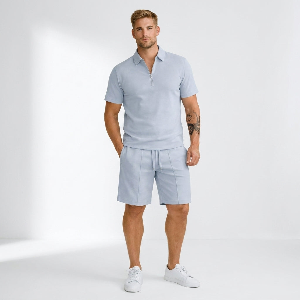 Męski zestaw polo z zamkiem i szorty slim fit – lekki, letni, casualowy