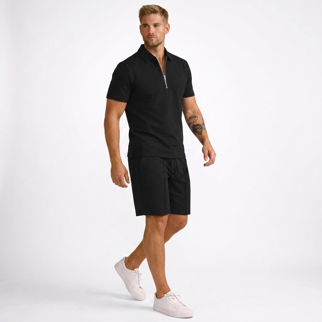 Męski zestaw polo z zamkiem i szorty slim fit – lekki, letni, casualowy