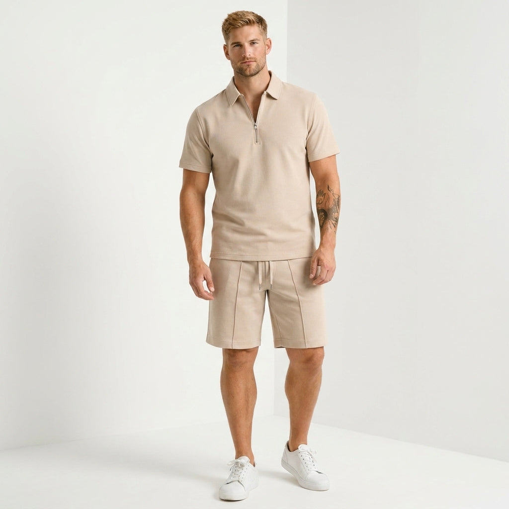 Męski zestaw polo z zamkiem i szorty slim fit – lekki, letni, casualowy