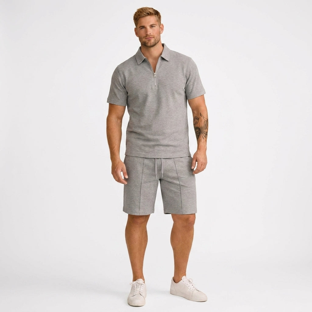 Męski zestaw polo z zamkiem i szorty slim fit – lekki, letni, casualowy